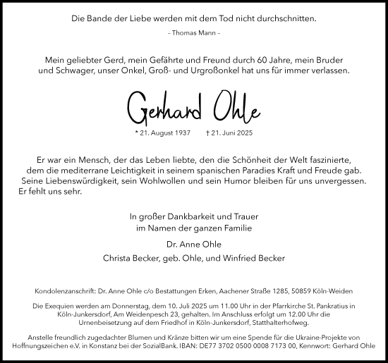 Anzeige von Gerhard Ohle von Kölner Stadt-Anzeiger / Kölnische Rundschau / Express