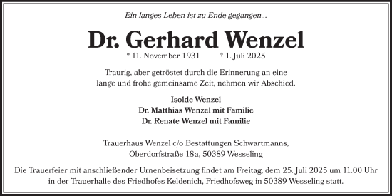 Anzeige von Gerhard Wenzel von  Schlossbote/Werbekurier 