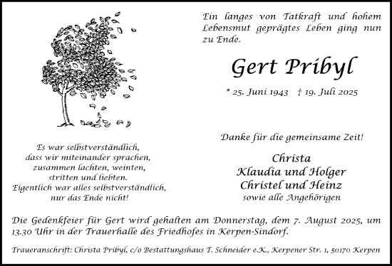 Anzeige von Gert Pribyl von  Werbepost 