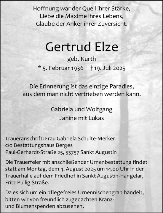 Anzeige von Gertrud Elze von  Extra Blatt 