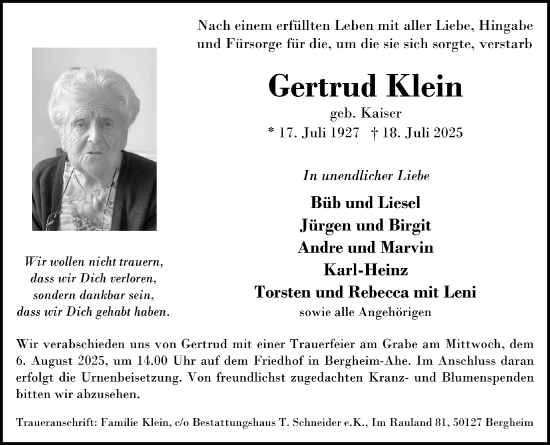 Anzeige von Gertrud Klein von  Werbepost 