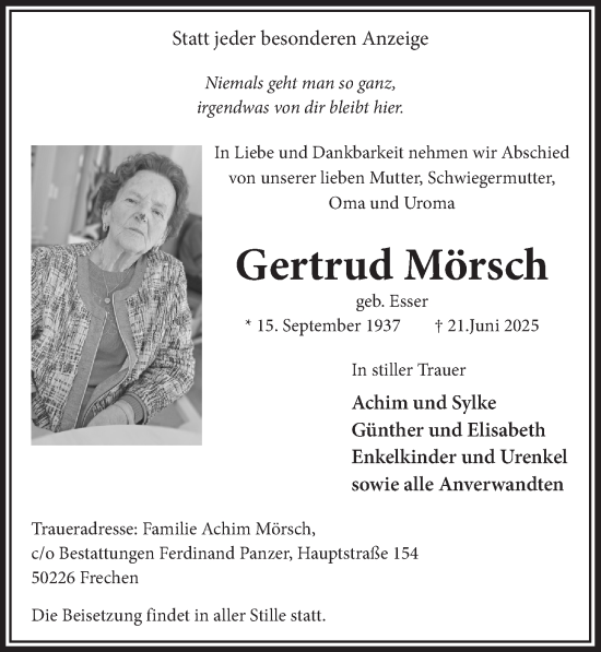Anzeige von Gertrud Mörsch von  Wochenende 