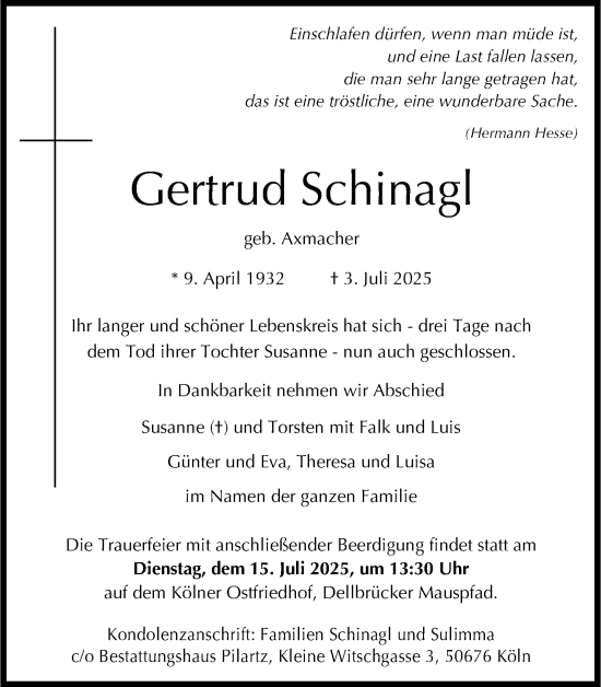 Anzeige von Gertrud Schinagl von Kölner Stadt-Anzeiger / Kölnische Rundschau / Express