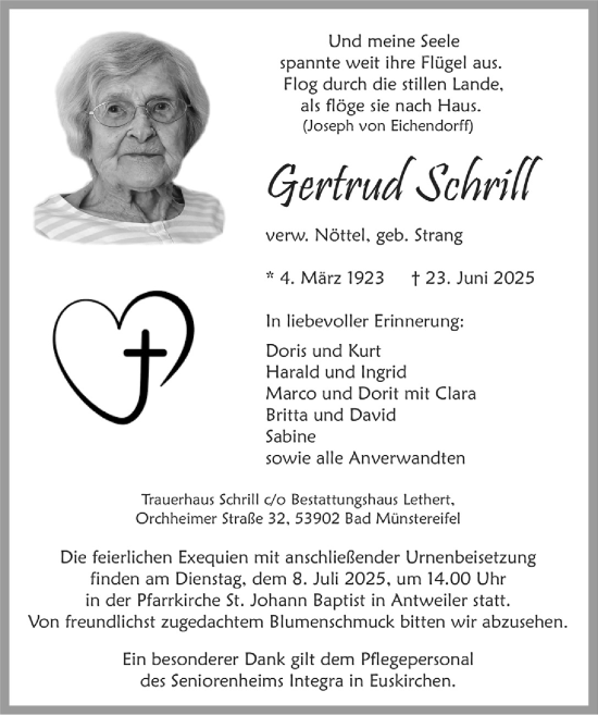 Anzeige von Gertrud Schrill von  Blickpunkt Euskirchen 