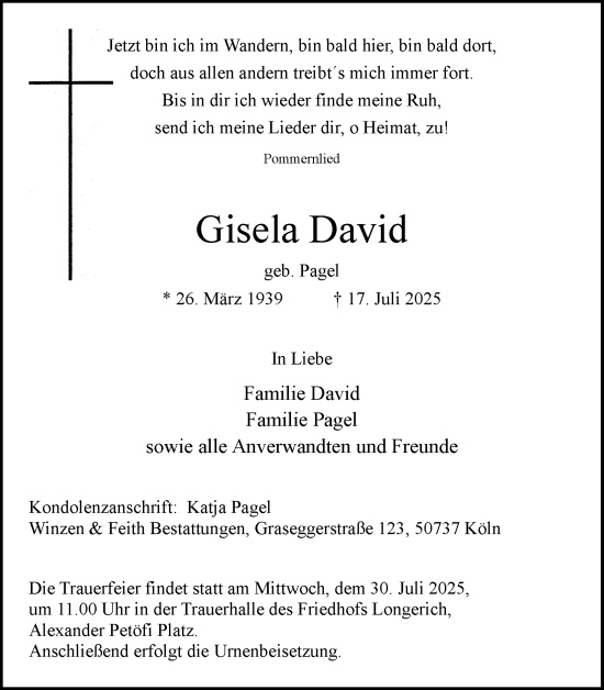 Anzeige von Gisela David von Kölner Stadt-Anzeiger / Kölnische Rundschau / Express