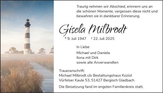 Anzeige von Gisela Milbrodt von  Bergisches Handelsblatt 