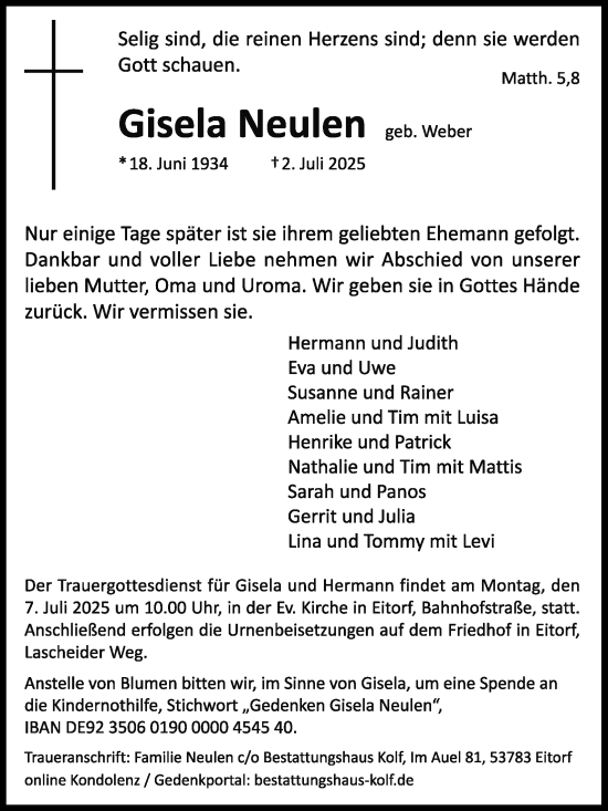 Anzeige von Gisela Neulen von Kölner Stadt-Anzeiger / Kölnische Rundschau / Express