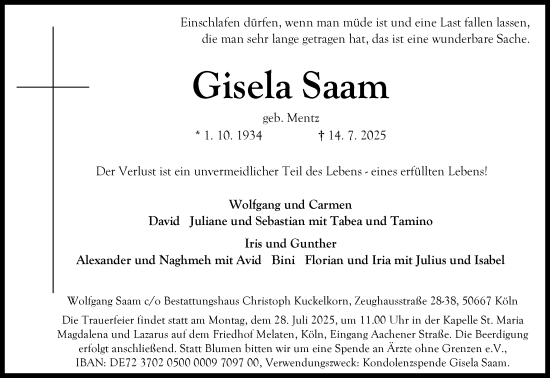 Anzeige von Gisela Saam von Kölner Stadt-Anzeiger / Kölnische Rundschau / Express