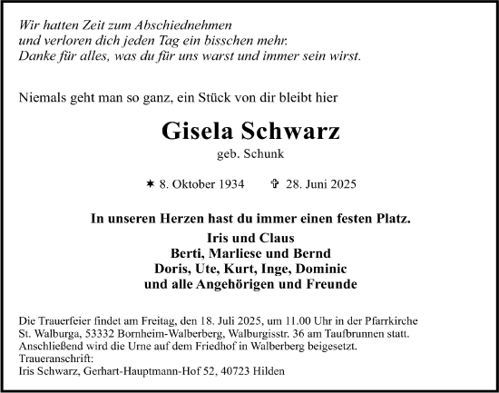 Anzeige von Gisela Schwarz von  Schaufenster/Blickpunkt  Schlossbote/Werbekurier 