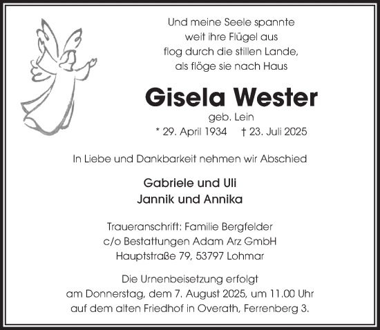 Anzeige von Gisela Wester von  Bergisches Handelsblatt 
