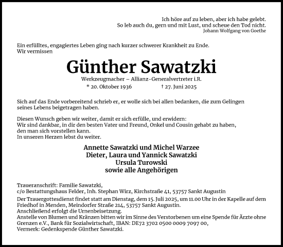 Anzeige von Günther Sawatzki von Kölner Stadt-Anzeiger / Kölnische Rundschau / Express