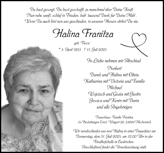 Anzeige von Halina Franitza von  Blickpunkt Euskirchen 