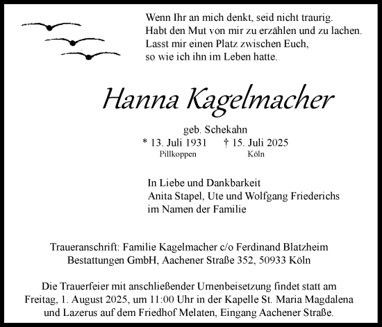Anzeige von Hanna Kagelmacher von Kölner Stadt-Anzeiger / Kölnische Rundschau / Express