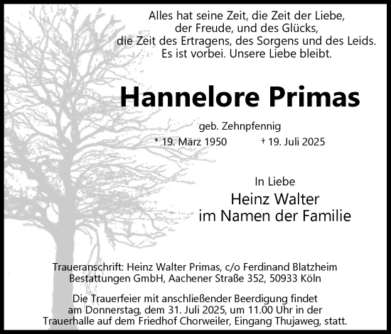 Anzeige von Hannelore Primas von Kölner Stadt-Anzeiger / Kölnische Rundschau / Express