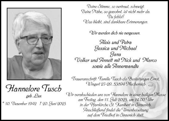 Anzeige von Hannelore Tusch von  Blickpunkt Euskirchen 