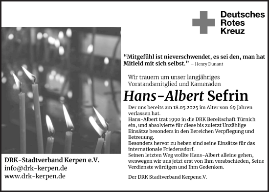 Anzeige von Hans-Albert Sefrin von  Werbepost 