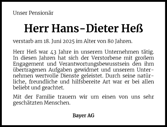 Anzeige von Hans-Dieter Heß von Kölner Stadt-Anzeiger / Kölnische Rundschau / Express