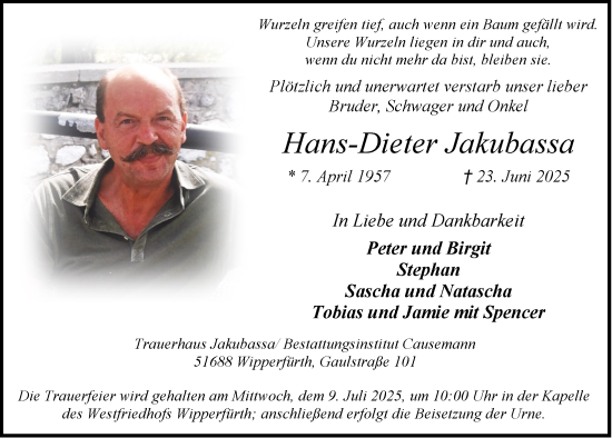 Anzeige von Hans-Dieter Jakubassa von  Anzeigen Echo 