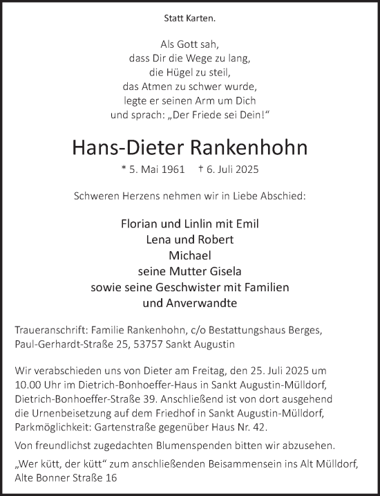 Anzeige von Hans-Dieter Rankenhohn von  Extra Blatt 