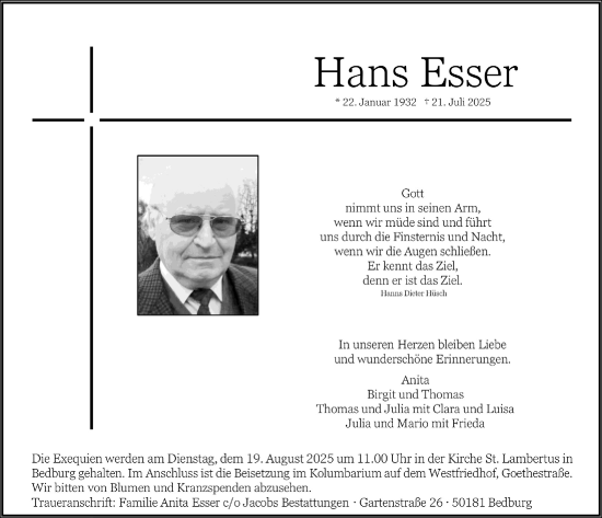 Anzeige von Hans Esser von  Werbepost 