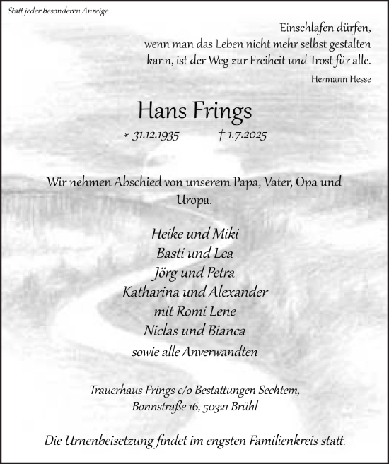 Anzeige von Hans Frings von  Schlossbote/Werbekurier 