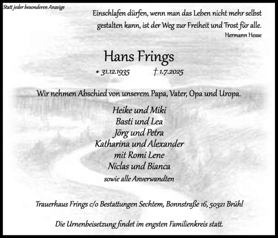 Anzeige von Hans Frings von Kölner Stadt-Anzeiger / Kölnische Rundschau / Express