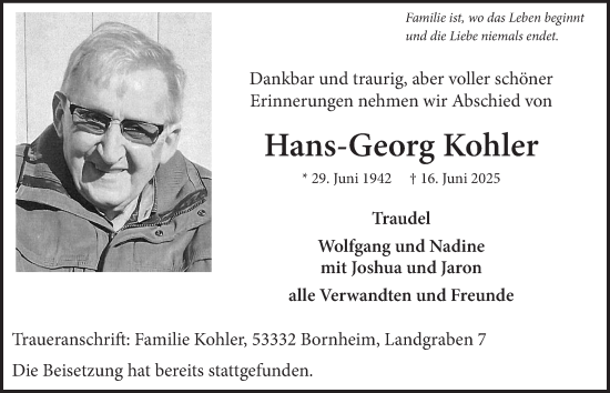 Anzeige von Hans-Georg Kohler von  Schaufenster/Blickpunkt 