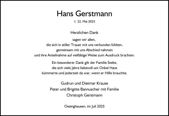 Anzeige von Hans Gerstmann von Kölner Stadt-Anzeiger / Kölnische Rundschau / Express