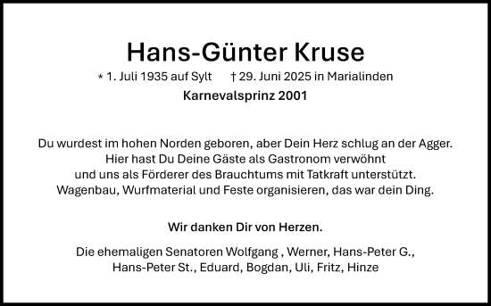 Anzeige von Hans-Günter Kruse von Kölner Stadt-Anzeiger / Kölnische Rundschau / Express