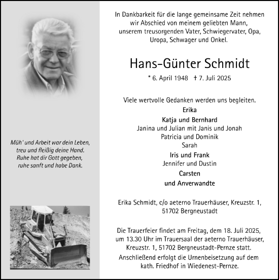 Anzeige von Hans-Günter Schmidt von  Anzeigen Echo 