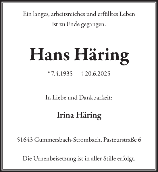 Anzeige von Hans Häring von  Anzeigen Echo 