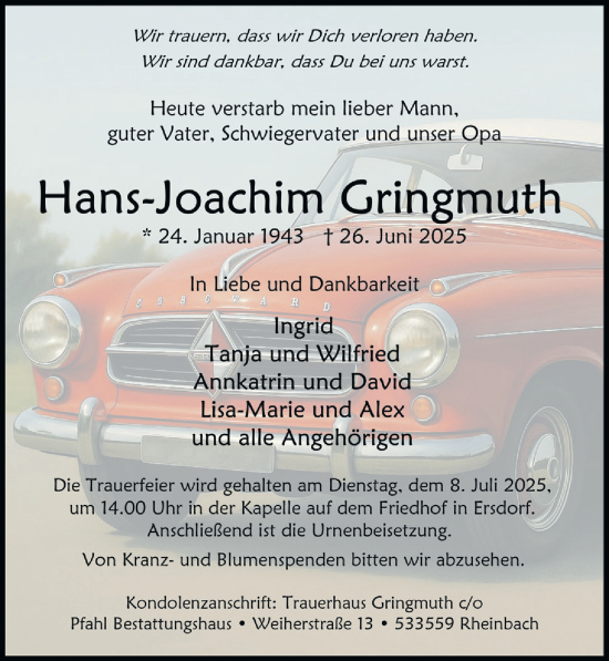 Anzeige von Hans-Joachim Gringmuth von  Schaufenster/Blickpunkt 