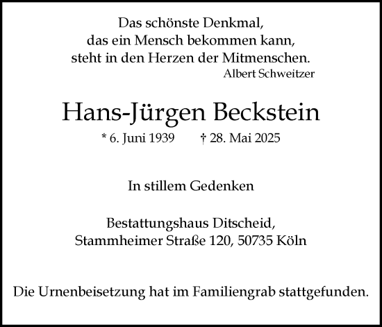 Anzeige von Hans-Jürgen Beckstein von Kölner Stadt-Anzeiger / Kölnische Rundschau / Express