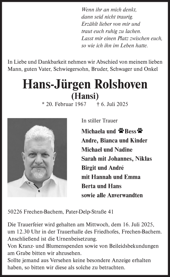 Anzeige von Hans-Jürgen Rolshoven von  Wochenende 