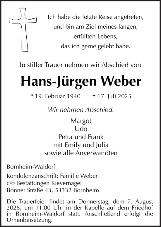 Anzeige von Hans-Jürgen Weber von  Schaufenster/Blickpunkt 