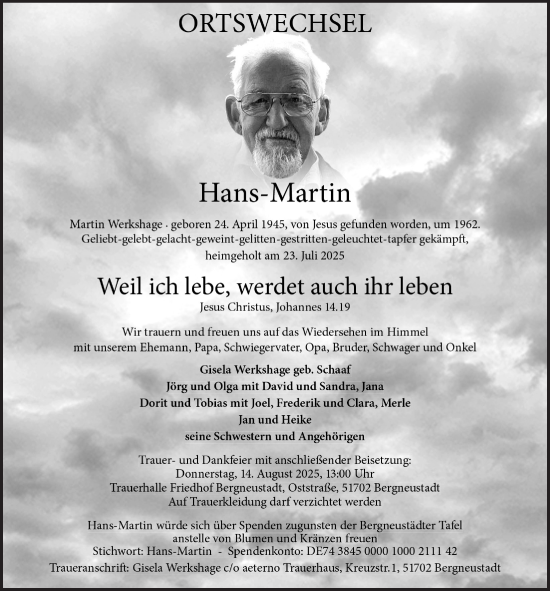 Anzeige von Hans-Martin Werkshage von  Anzeigen Echo 