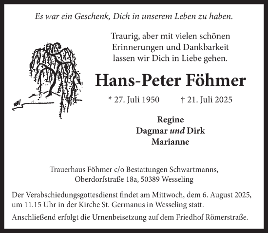 Anzeige von Hans-Peter Föhmer von  Schlossbote/Werbekurier 