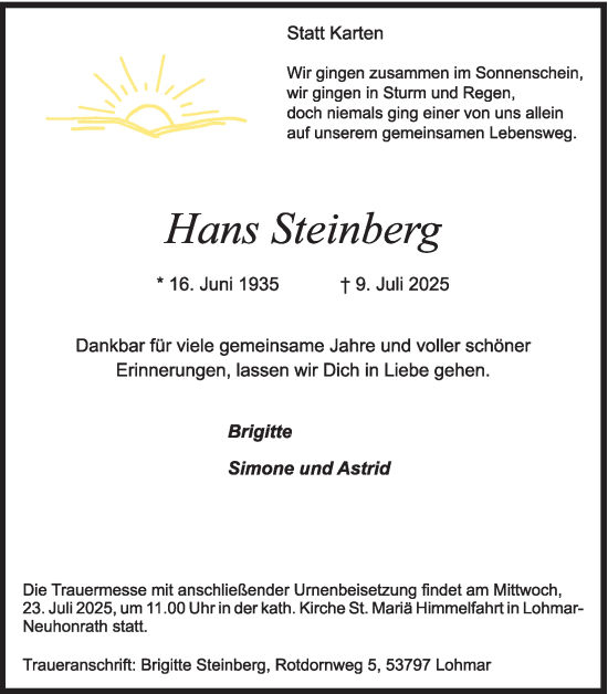 Anzeige von Hans Steinberg von Kölner Stadt-Anzeiger / Kölnische Rundschau / Express