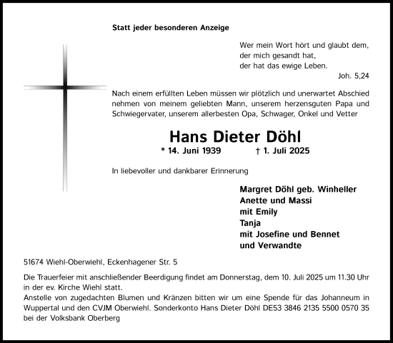 Anzeige von Hans Dieter Döhl von Kölner Stadt-Anzeiger / Kölnische Rundschau / Express