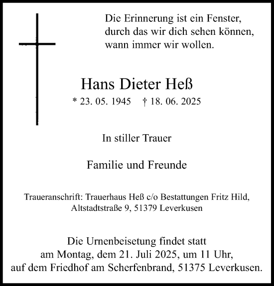 Anzeige von Hans Dieter Heß von Kölner Stadt-Anzeiger / Kölnische Rundschau / Express
