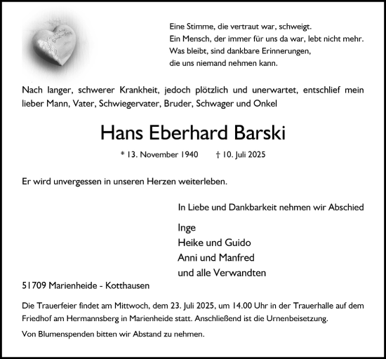 Anzeige von Hans Eberhard Barski von  Anzeigen Echo 