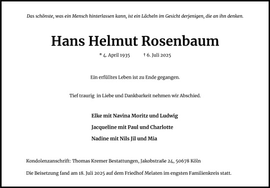 Anzeige von Hans Helmut Rosenbaum von Kölner Stadt-Anzeiger / Kölnische Rundschau / Express