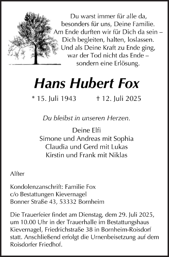 Anzeige von Hans Hubert Fox von  Schaufenster/Blickpunkt 