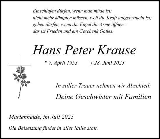 Anzeige von Hans Peter Krause von  Anzeigen Echo 