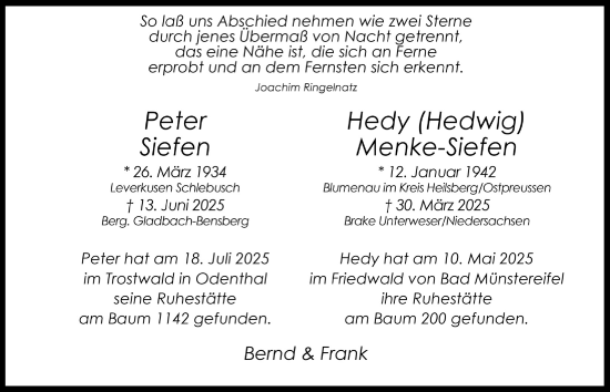Anzeige von Hedwig Menke-Siefen von  Bergisches Handelsblatt 