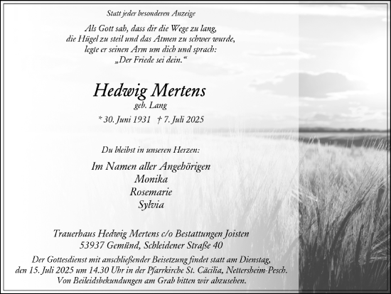 Anzeige von Hedwig Mertens von  Blickpunkt Euskirchen 