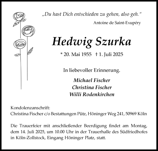 Anzeige von Hedwig Szurka von Kölner Stadt-Anzeiger / Kölnische Rundschau / Express