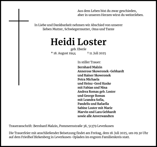 Anzeige von Heidi Loster von Kölner Stadt-Anzeiger / Kölnische Rundschau / Express