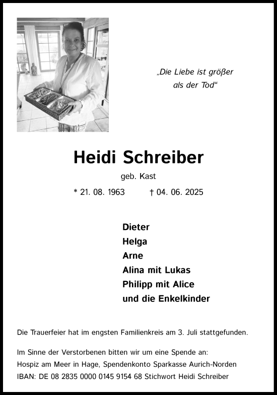 Anzeige von Heidi Schreiber von Kölner Stadt-Anzeiger / Kölnische Rundschau / Express