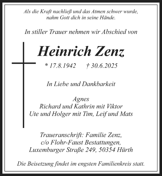 Anzeige von Heinrich Zenz von  Wochenende 